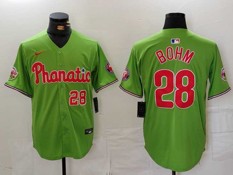 Mens Philadelphia Phillies #28 Alec Bohm Number Green With Patch Stitched Cool Base Nike Jersey